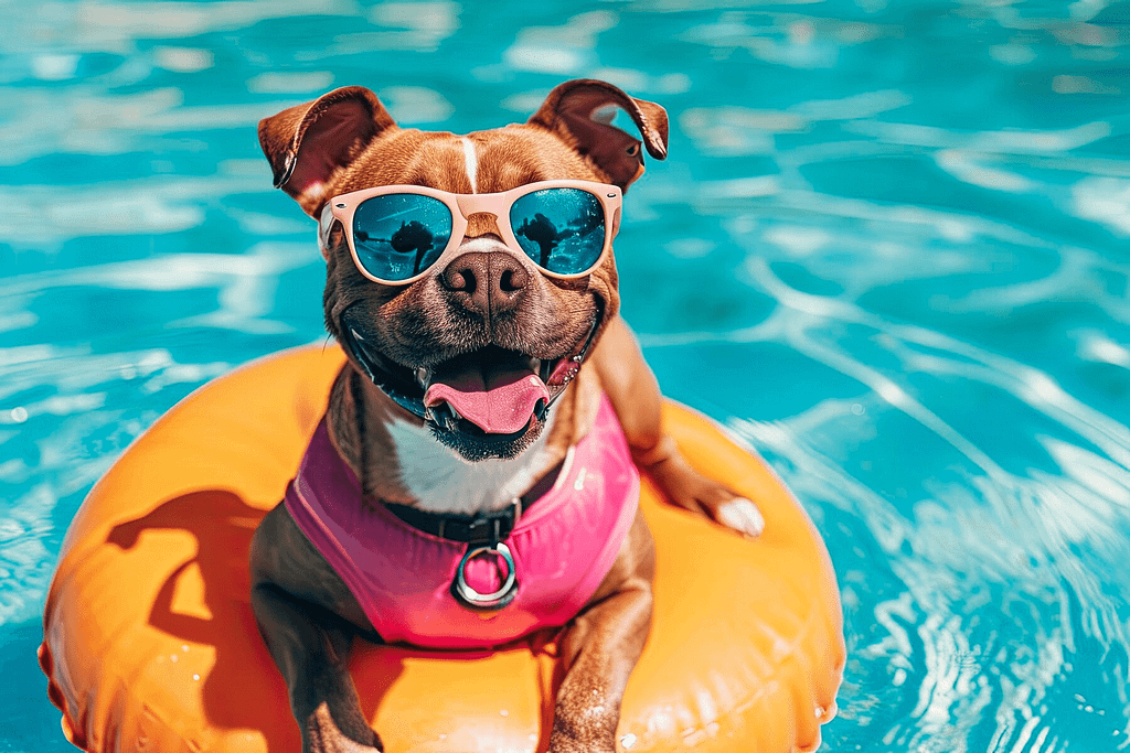 A cute pet wearing sunglasses emphasizing the importance of staying cool and hydrated.